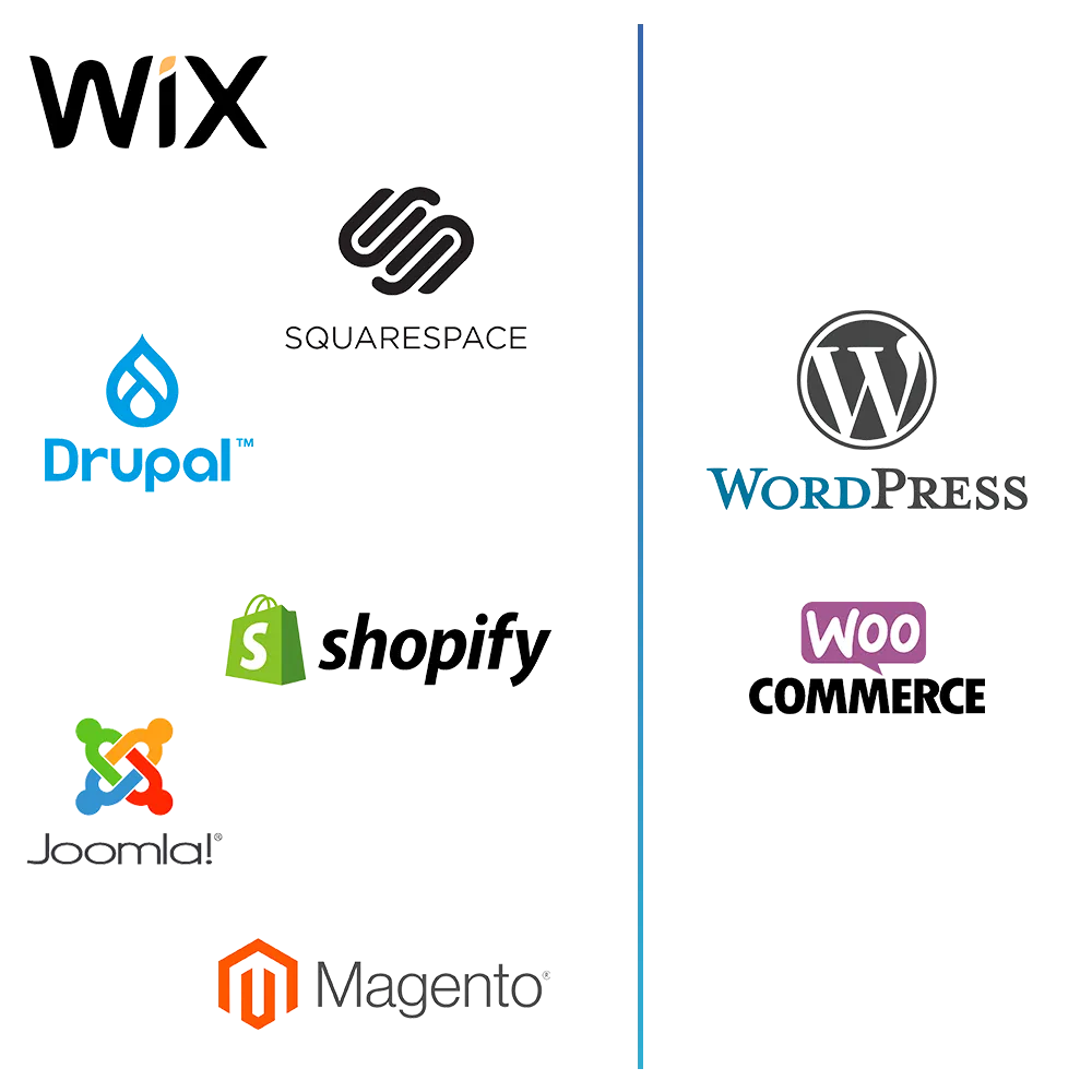 Logos for Wix, Squarespace, Drupal, Shopify, Joomla, and Magento moving to WordPress and WooCommerce