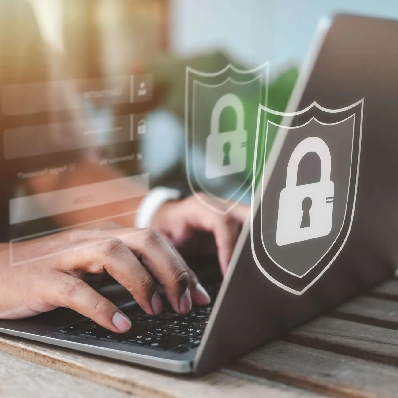 Person typing on a laptop with shield and lock icons, representing hacked website repair and security