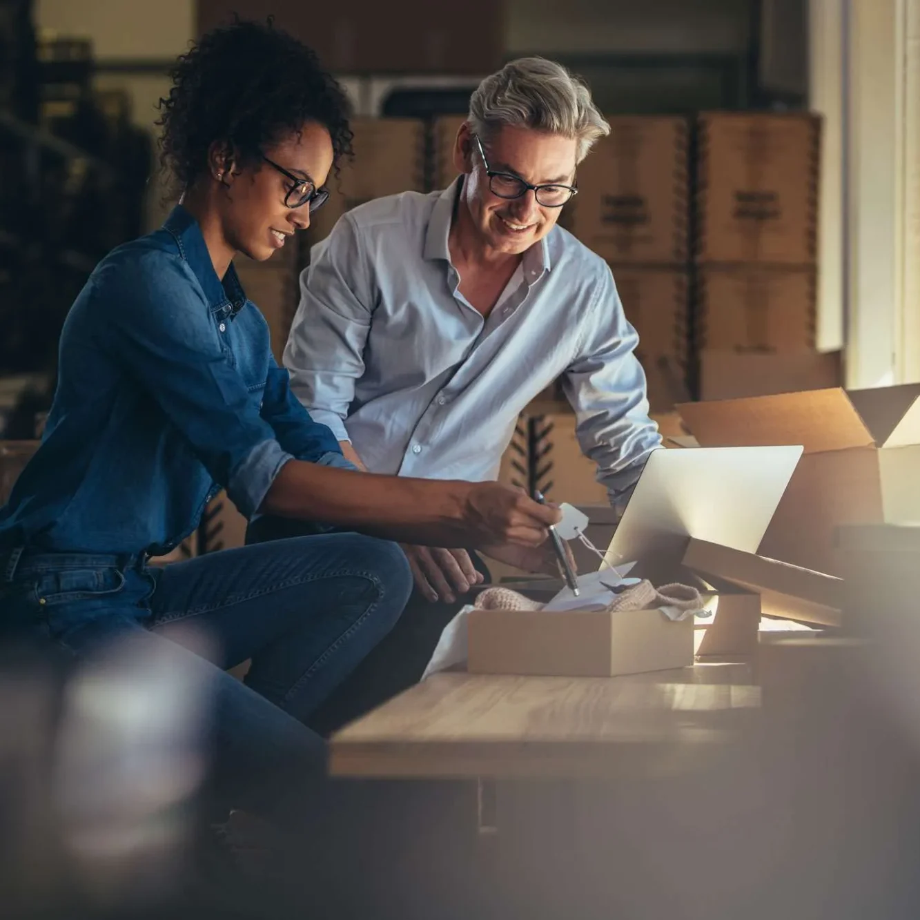Two small business owners reviewing their website on a laptop while packing an order